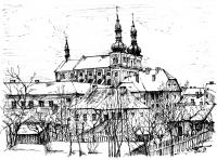 pohled na kostel a kolu z ulice Obrnc mru (kresba Emil Frei)